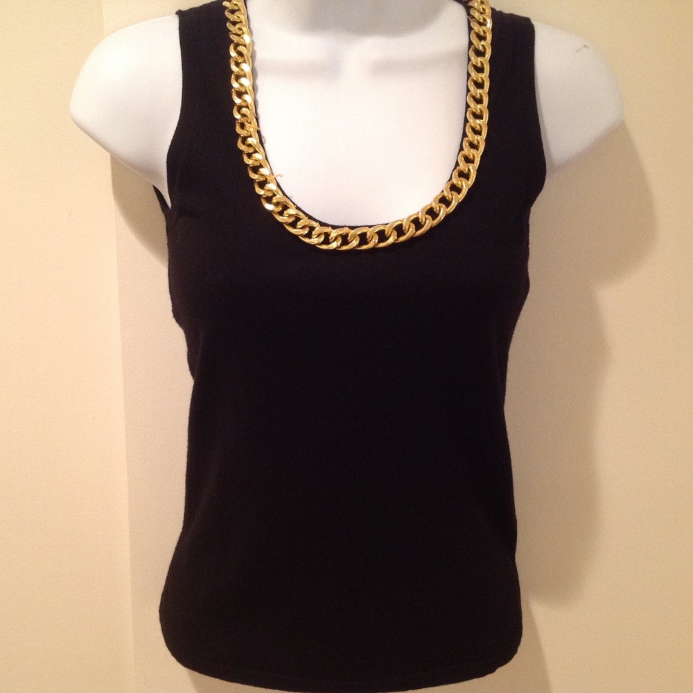 CACHE Fitted BlackTank with Gold Chain Neckline